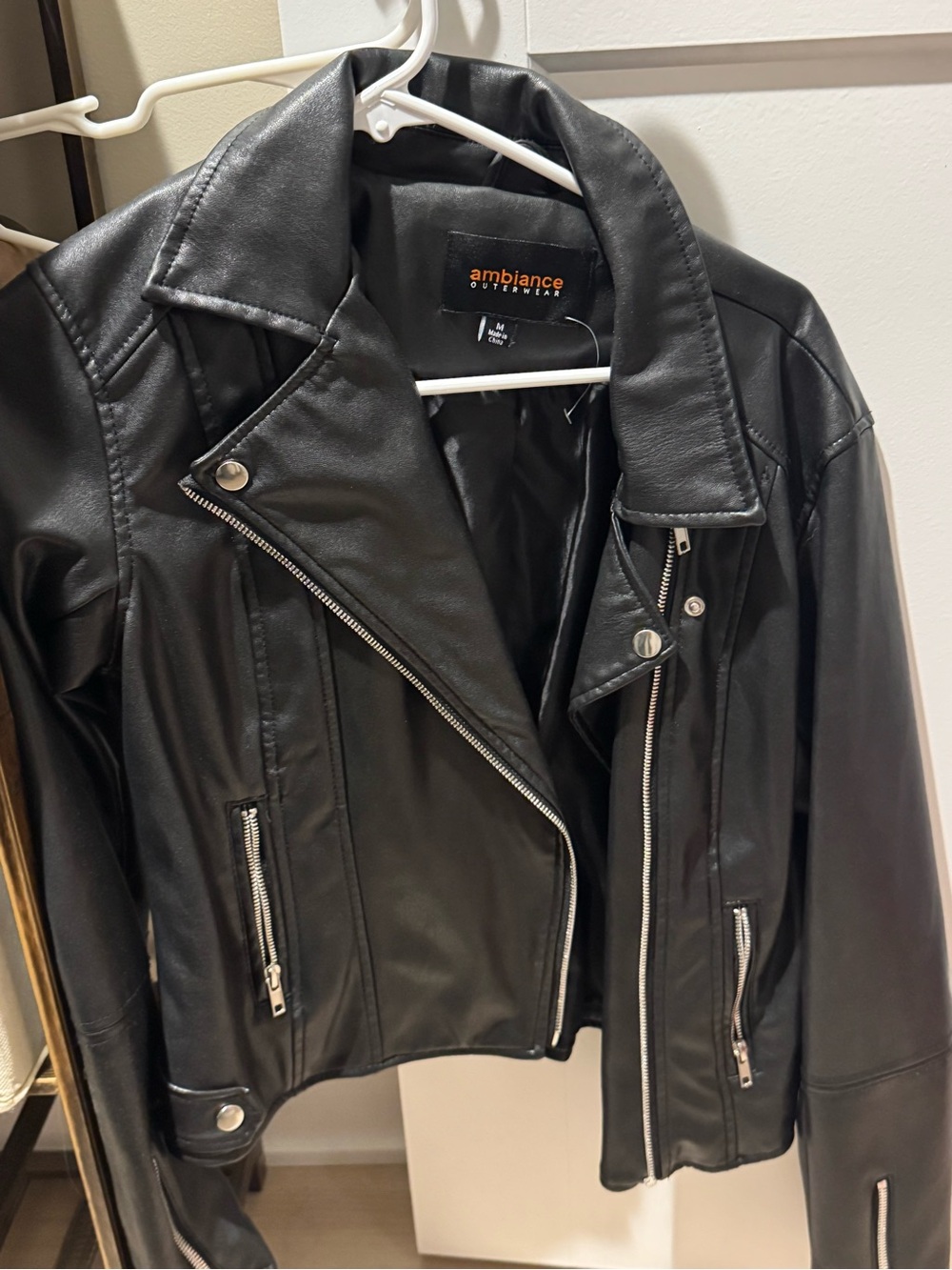 Ambiance Black Faux Leather Moto Jacket with Silver Hardware